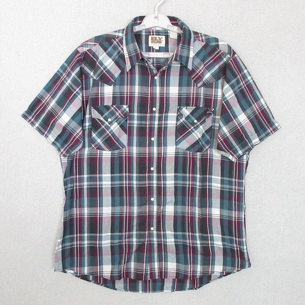 Ely Cattleman Shirt Men L Plaid Western Pearl Snap Short‎ Sleeve Cowboy